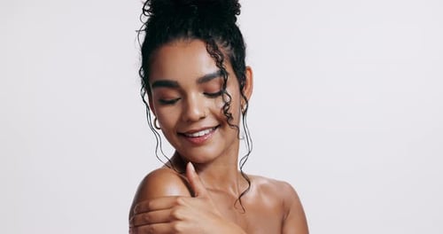 Body, skincare and woman with beauty from self care and dermatology in white background of studio