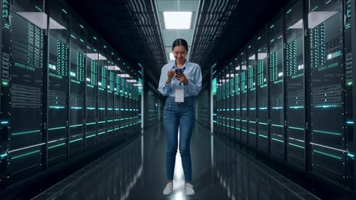 Asian Female Professional Worker Holds A Phone In Data Center