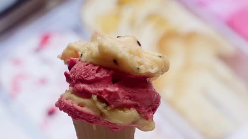 Homemade Ice Cream Close Up Pink and Yellow Ice Cream Balls on Waffle Rotating in Slow Motion