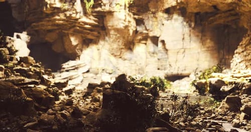 Exploring a Serene Cavern with Natural Rock Formations and Greenery