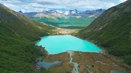 Turquoise Laguna Esmeralda Surrounded By Lush Green Mountains in Tierra Del Fuego Ushuaia Patagonia
