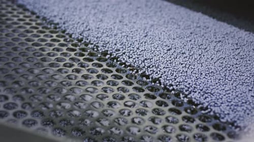 Waste Recycling Plant Plastic Granules Move on a Conveyor Belt in Water A Billet for Recyclables