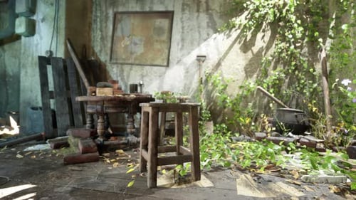 An Abandoned Room with a Chair and Table in a State of Devastation
