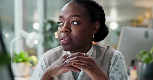 Office, thinking and black woman with article ideas or journalism for editing news story