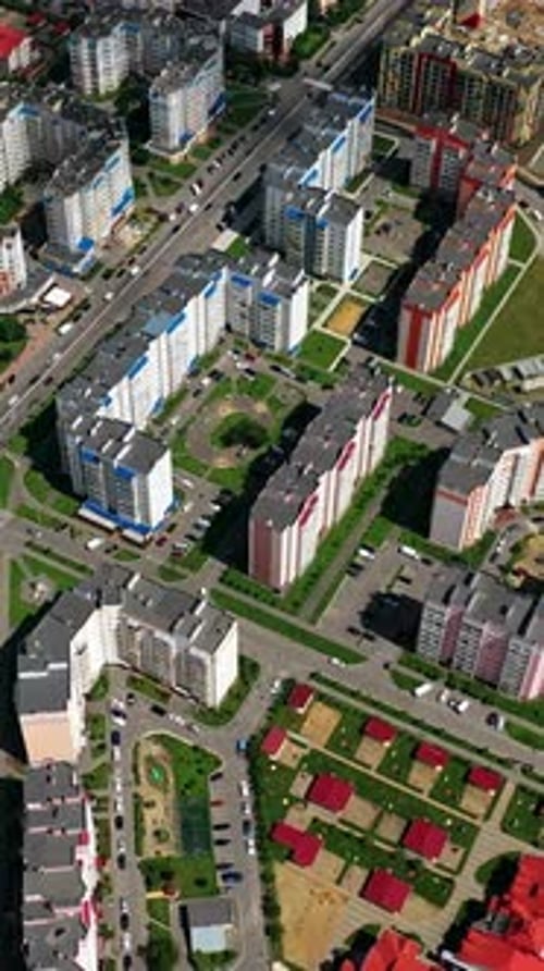 Urban area with city blocks. Top down view of buildings and apartment blocks