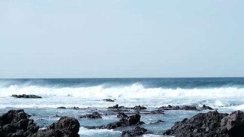 Awesome Power Ocean Waves Breaking Over Dangerous Rocks