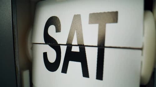 Closeup Clock Calendar Flipping Indoors Macro View Days Names Changing Indoors