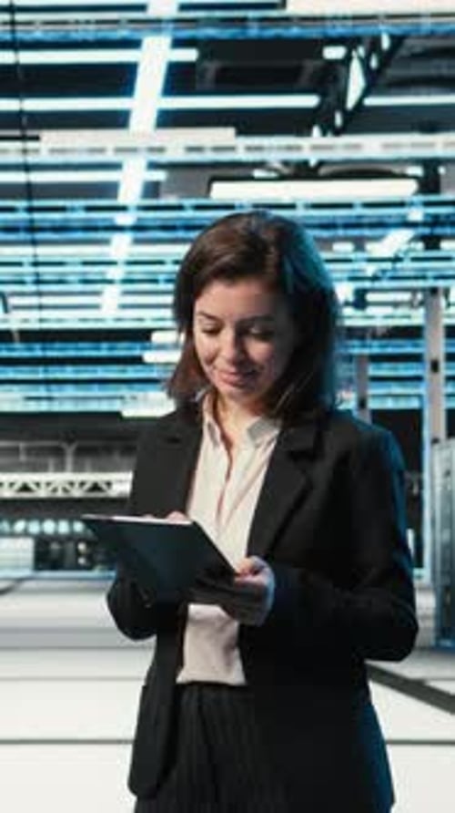 Vertical Video Data Center Technician Using AR Holographic Overlay to Monitor Systems