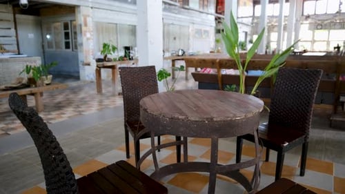 Rustic Indoor Seating Area with Wooden Furniture and Natural Elements