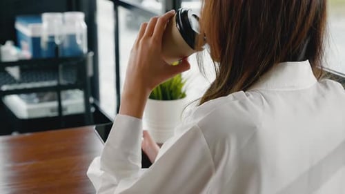 Happy Female Lifestyle Sitting in Cafe Near Window She Cellphone on Mobile Phone