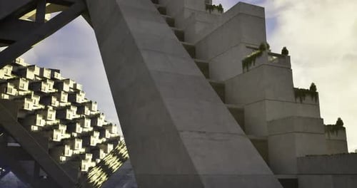 El diseño arquitectónico moderno muestra estructuras de hormigón innovadoras al atardecer