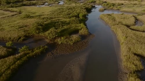 Aerial view of marshland and water, United States.
