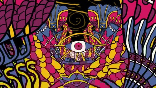 Vibrant Psychedelic Illustration of Meditative Goddess with Spiritual Eye