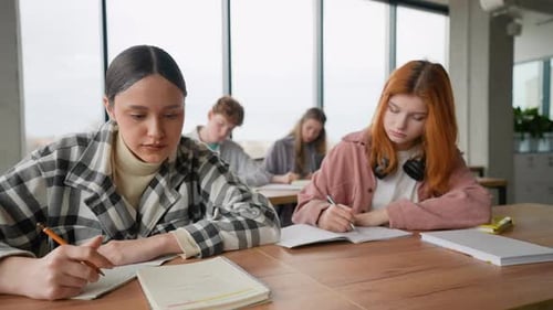 High School or College Students Studying and Reading Together in Library Education Concepts