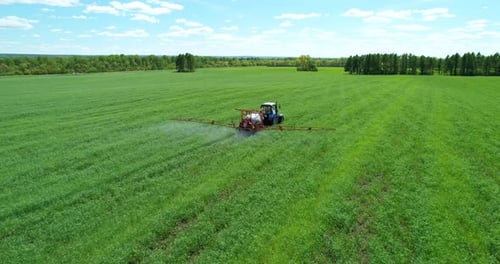 Tractor Sprays Agricultural Crops the Field Aerial Shot
