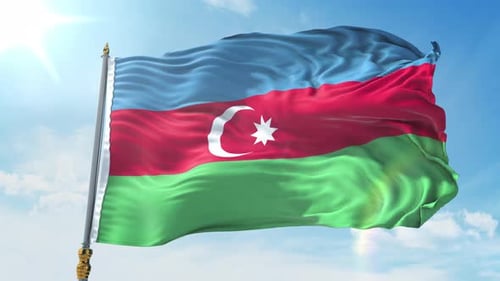 Realistic Waving Azerbaijan Flag Against Blue Sky