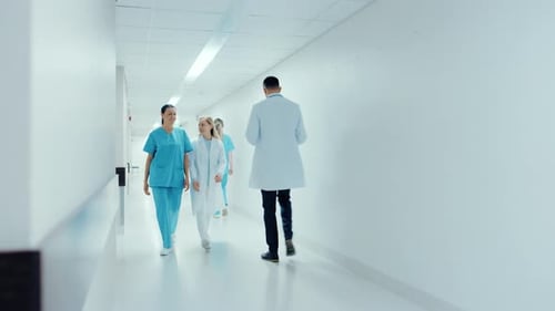 Busy Hallway of the Modern Hospital Building, Staff Members Walking, Working. Professional Nurses,