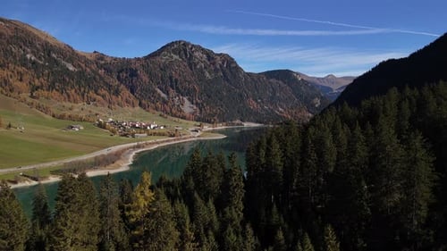 Switzerland autumn evergreen spruce tree forest lake nature landscape aerial drone