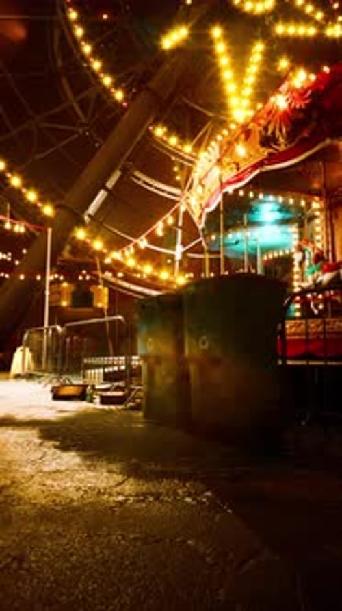 Illuminated Carousel in Abandoned Nighttime Amusement Park