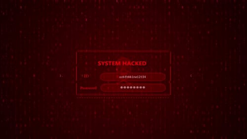 System Hacked Warning Digital Interface with Binary Code Rain