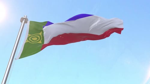 Realistic Waving Flag on Pole Against Bright Blue Sky