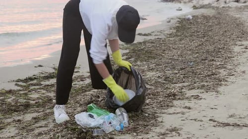 Volunteer Cleaning Plastic Trash on a Polluted Beach Picking Up Bottles and Waste Into a Garbage