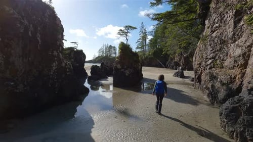 Woman Walking on Sandy Beach on Pacific Ocean Coast View