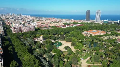 Barcelona Urban Skyline. Aerial view of Parc de la Ciutadella, Park Ciutadella