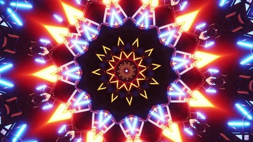 Very large star shaped object with many lights on it. Kaleidoscope VJ loop