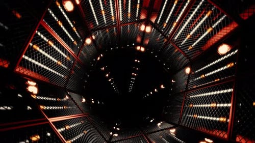 Fliege durch einen Spiegeltunnel mit technischem Muster