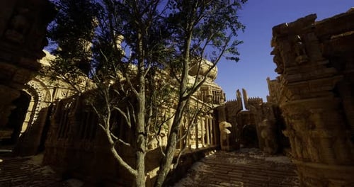 Ruines du temple historique entourées d'arbres centenaires sous un ciel bleu clair