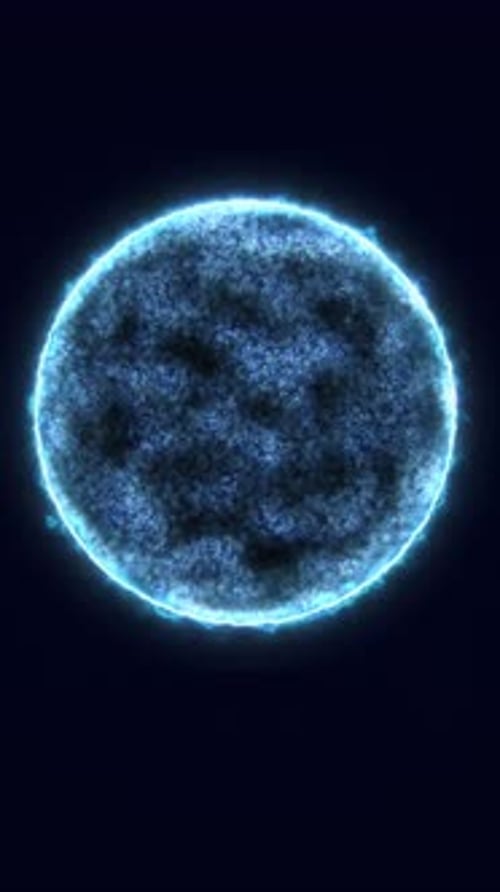 Brightly illuminated blue energy sphere in dark space, glowing edges with intricate surface texture