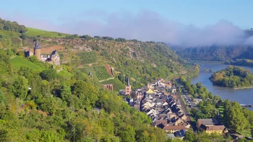 Aerial viewpoint over the Rhine Valley town of Bacharach, Germany with parallax tracking movement
