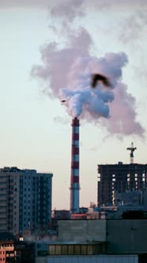 Industrial smokestack releasing thick smoke into the sky above a city construction site. Vertical