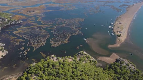 Aerial Beautiful View of a Lake with a Forest in the Background Dalyan Strait