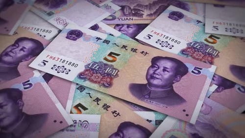 Pile of china yuan cash money, inflation concept. Closeup new china five yuan bills