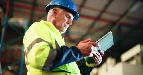 Distribution, low angle or man in warehouse with tablet, inspection or stock control in shipping