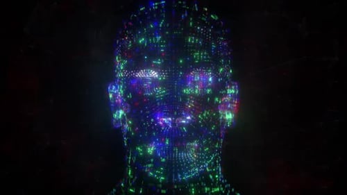 Digital human face. Artificial intelligence and machine learning concept. Seamless loop