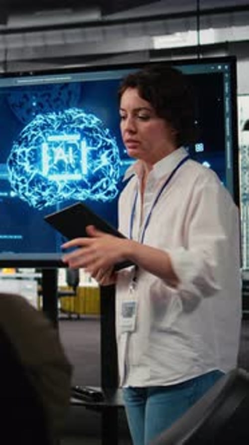 Vertical Video Tech Startup Office CTO Doing Presentation on Machine Learning to Investors