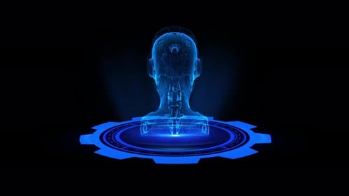Holographic AI Robot Head Rotating with Glowing Tech Platform