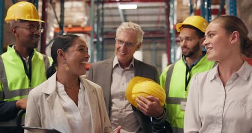 People, warehouse and talking for logistics teamwork in factory for export distribution