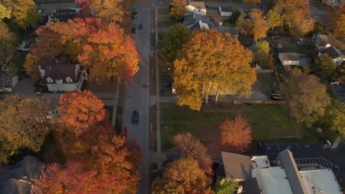 Aerial view of a car driving down a street in a subdivision of Kirkwood in St. Louis, Missouri in Fa