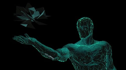 Futuristic humanoid figure interacting with digital object in dark space