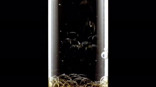 Nahaufnahme transparenter goldener Luftblasen im Reagenzglas auf schwarzem Hintergrund Makroaufnahme von