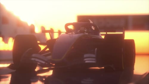 Close-up of a racer car driver wearing a protective helmet and zoom out to a track