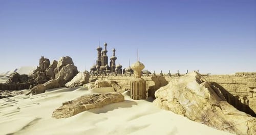 Desert Landscape with Ancient Architecture and Rock Formations Under Clear Sky