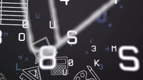 Digital animation of school concept icons against multiple changing numbers and alphabets floating a