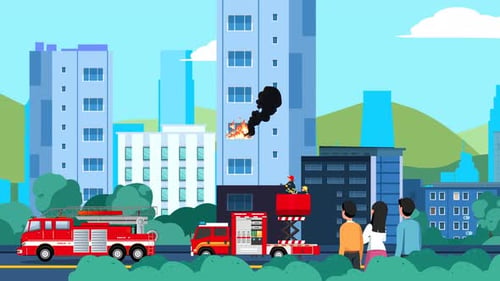 Animated Flat Design Firefighters Extinguishing City Building Fire
