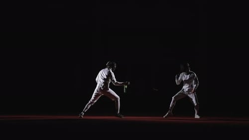 Professional Fencers Men Fighting On Fencing Rack FullLength Shot With Male Athletes Fencing