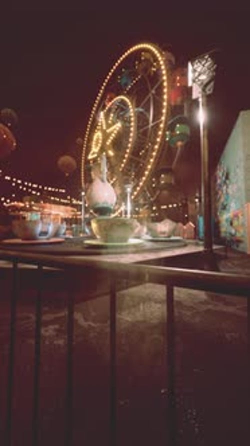 Illuminated Ferris Wheel in Abandoned Nighttime Amusement Park